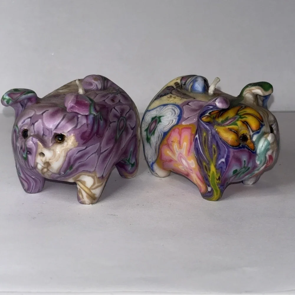 Vintage Marbled Pig Candles - Set of 2 - Retro Figural Wax Decor - Unburnt